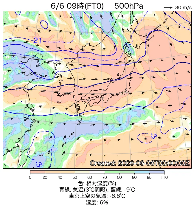 2026年6月6日の日本周辺の500hPa天気図（9時）