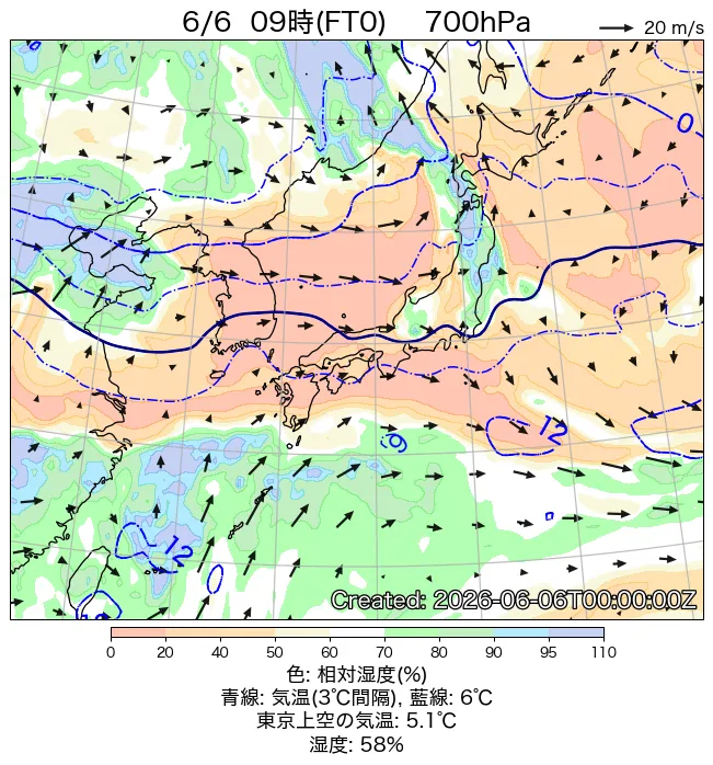 2026年6月6日の日本周辺の700hPa天気図（9時）