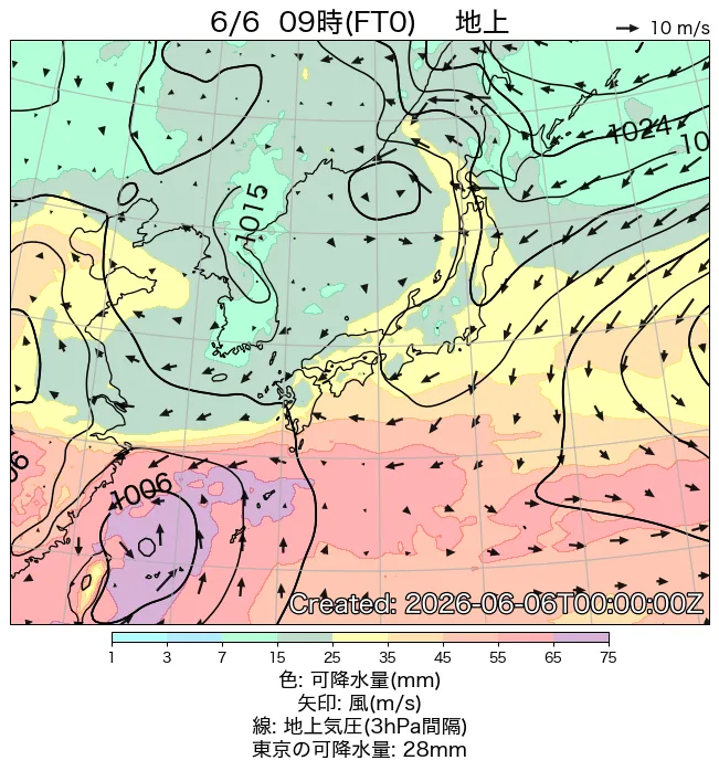 2026年6月6日の日本周辺の地上天気図（9時）
