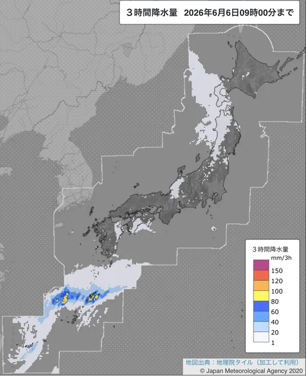 2026年6月6日6〜9時の日本周辺の3時間解析降水量