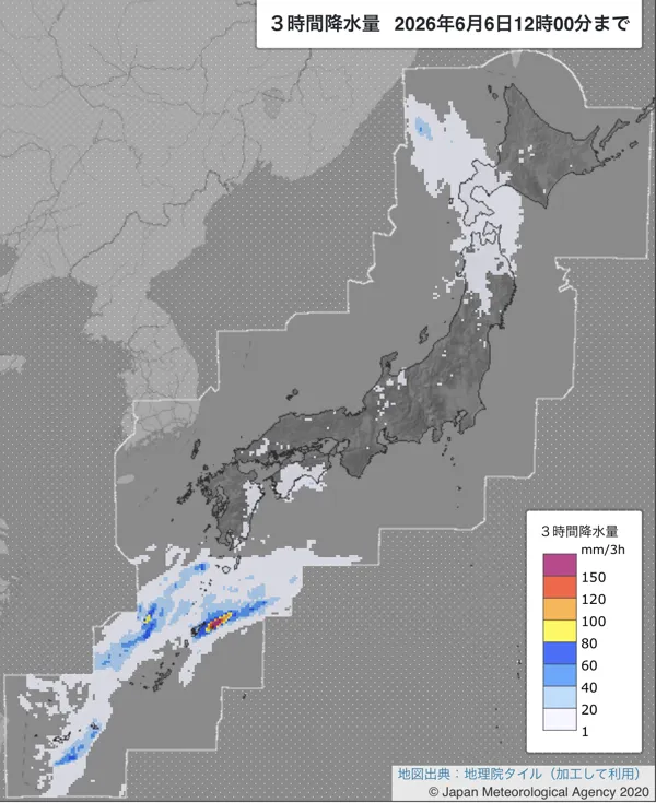 2026年6月6日9〜12時の日本周辺の3時間解析降水量
