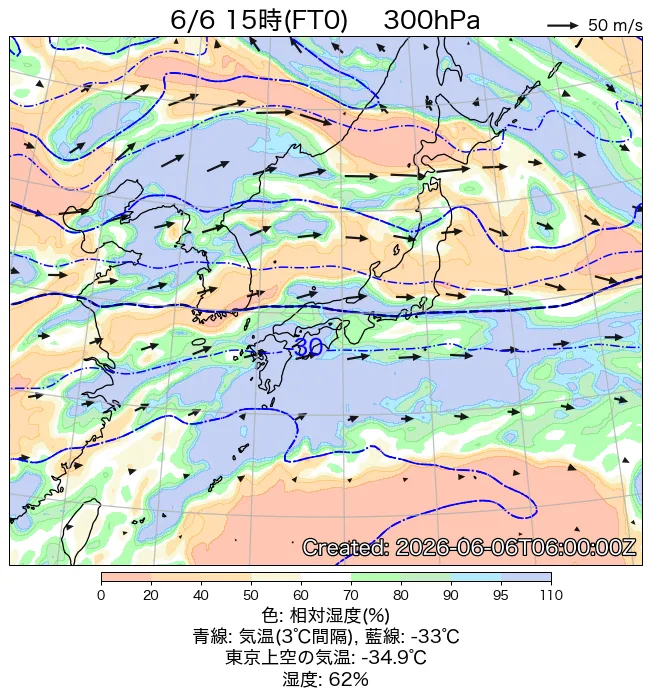 2026年6月6日の日本周辺の300hPa天気図（15時）