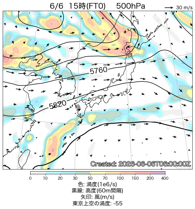 2026年6月6日の日本周辺の500hPa天気図（15時）
