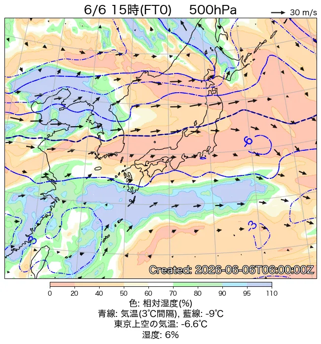 2026年6月6日の日本周辺の500hPa天気図（15時）