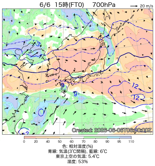 2026年6月6日の日本周辺の700hPa天気図（15時）