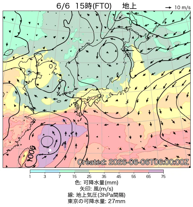 2026年6月6日の日本周辺の地上天気図（15時）
