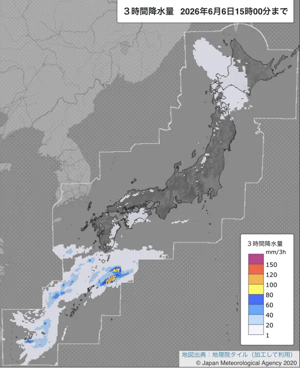 2026年6月6日12〜15時の日本周辺の3時間解析降水量