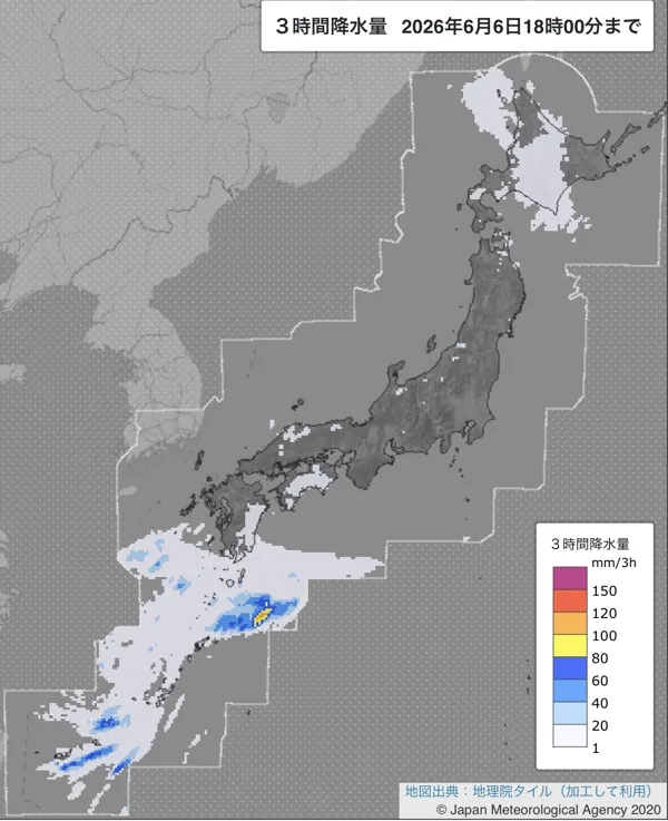 2026年6月6日15〜18時の日本周辺の3時間解析降水量