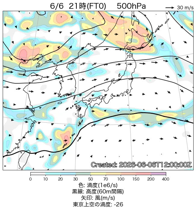 2026年6月6日の日本周辺の500hPa天気図（21時）