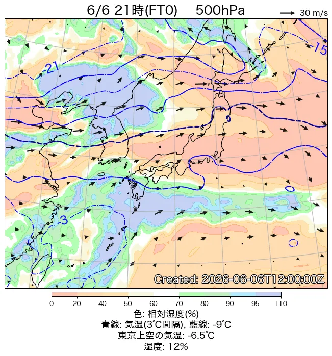 2026年6月6日の日本周辺の500hPa天気図（21時）