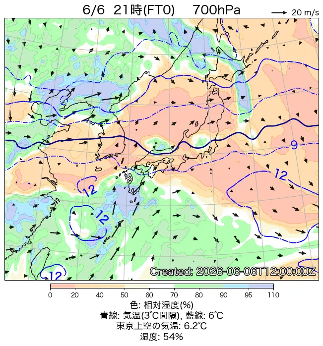 2026年6月6日の日本周辺の700hPa天気図（21時）