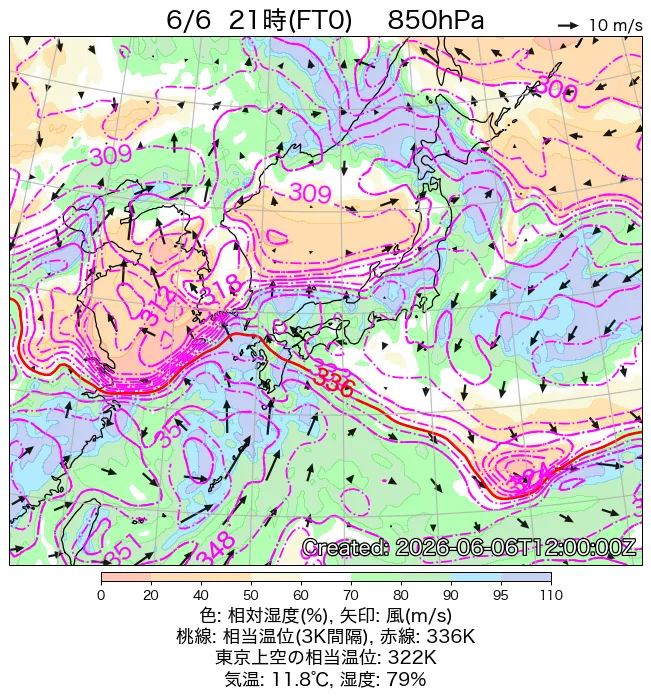 2026年6月6日の日本周辺の850hPa天気図（21時）