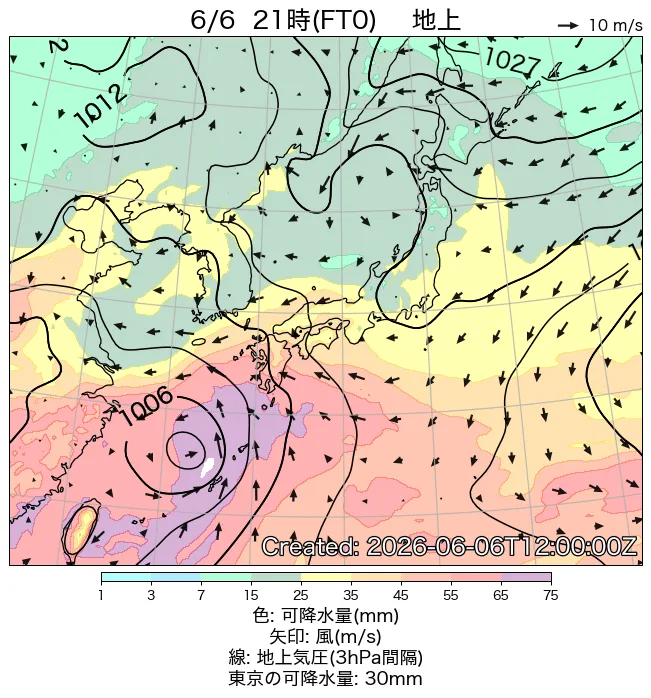 2026年6月6日の日本周辺の地上天気図（21時）