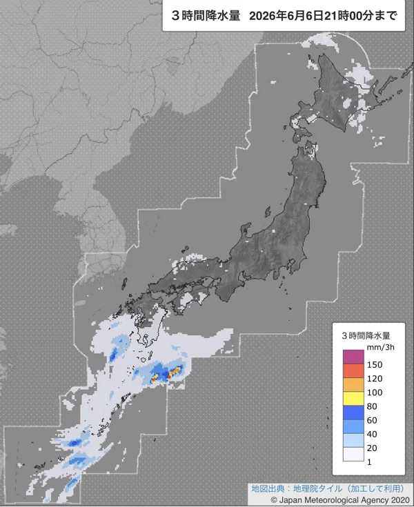 2026年6月6日18〜21時の日本周辺の3時間解析降水量
