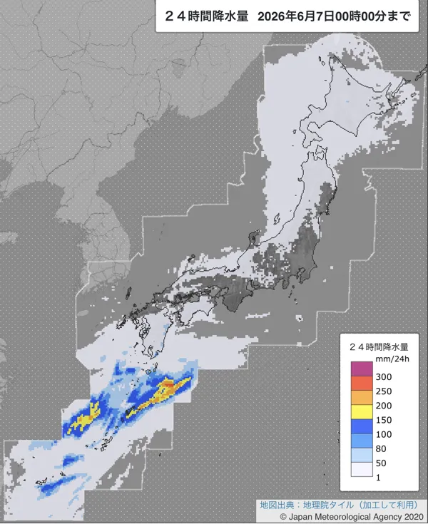 2026年6月6日の日本周辺の日解析雨量の図
