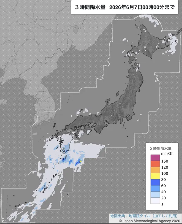 2026年6月6日21〜24時の日本周辺の3時間解析降水量