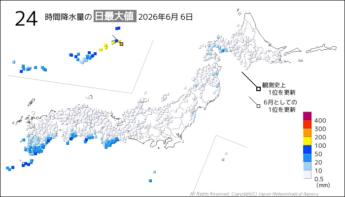 日本のアメダス24時間最大降水量の図