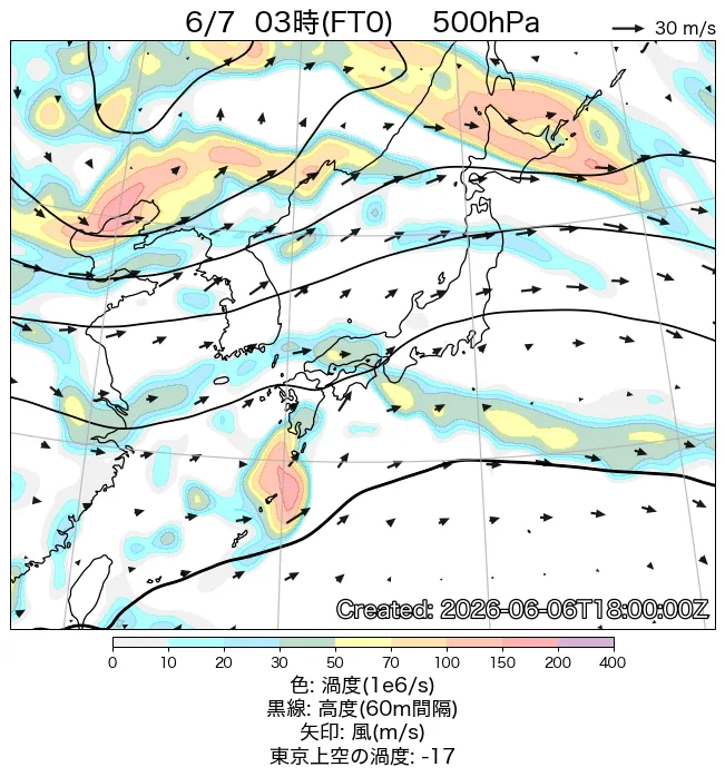 2026年6月7日の日本周辺の500hPa天気図（3時）