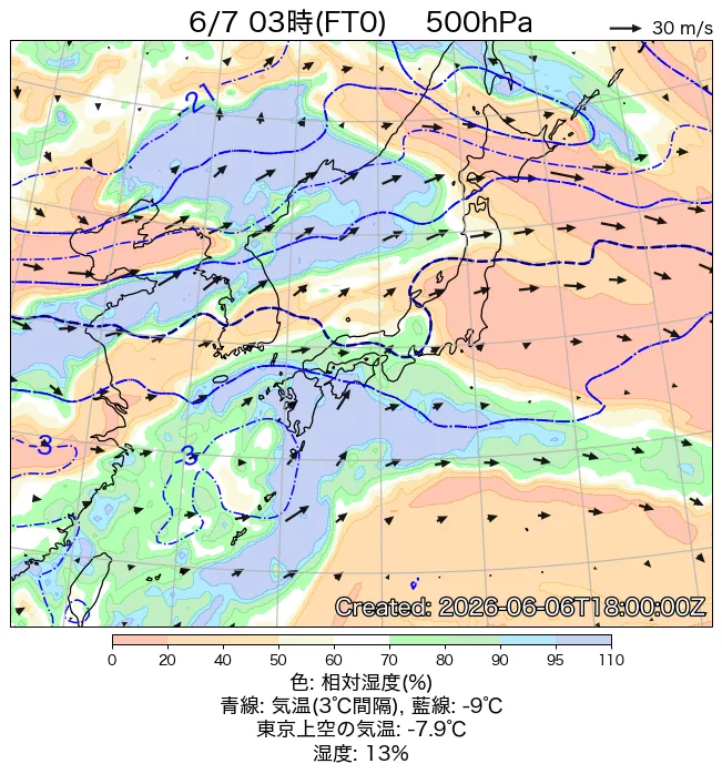 2026年6月7日の日本周辺の500hPa天気図（3時）