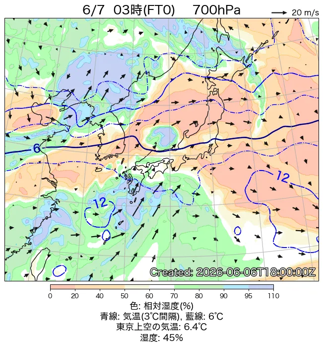 2026年6月7日の日本周辺の700hPa天気図（3時）