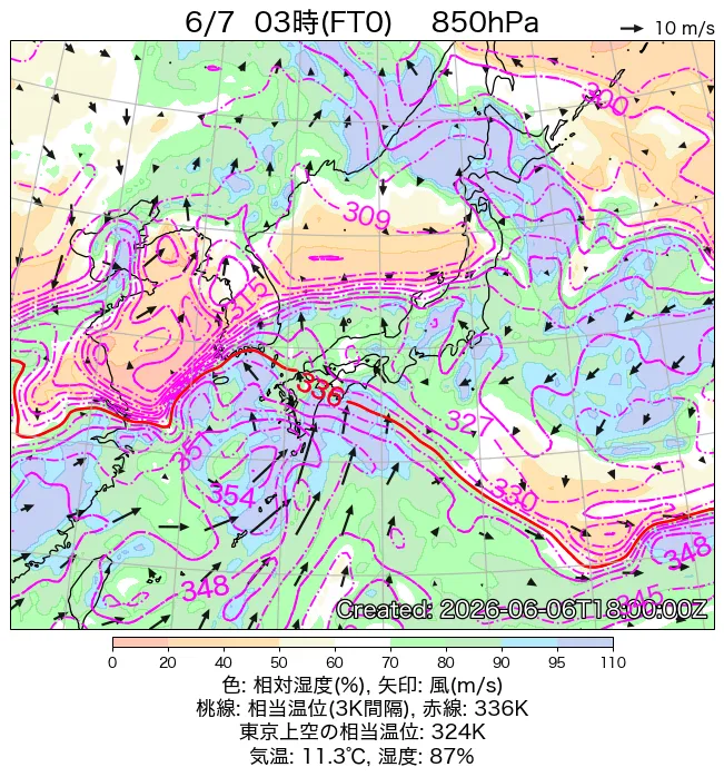 2026年6月7日の日本周辺の850hPa天気図（3時）