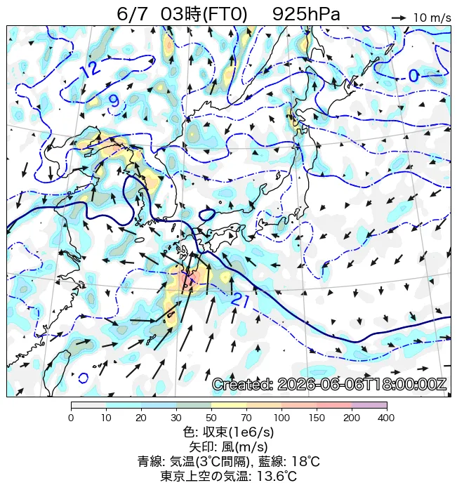 2026年6月7日の日本周辺の925hPa天気図（3時）