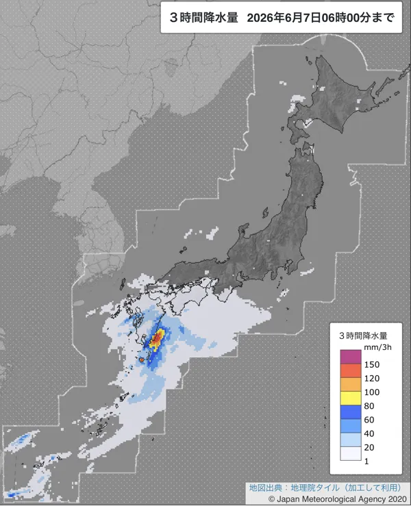 2026年6月7日3〜6時の日本周辺の3時間解析降水量
