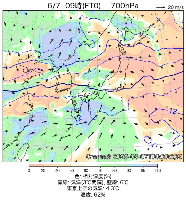 2026年6月7日の日本周辺の700hPa天気図（9時）