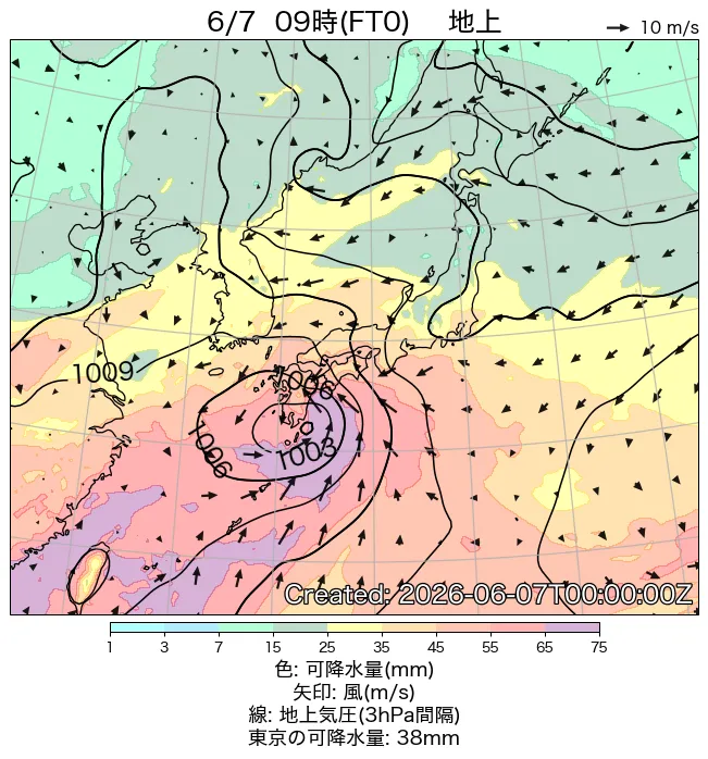 2026年6月7日の日本周辺の地上天気図（9時）
