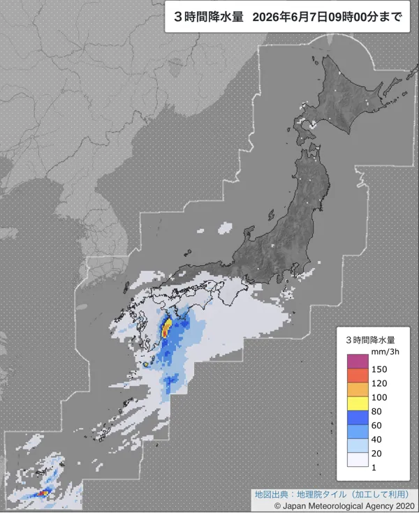2026年6月7日6〜9時の日本周辺の3時間解析降水量