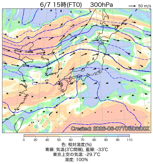 2026年6月7日の日本周辺の300hPa天気図（15時）