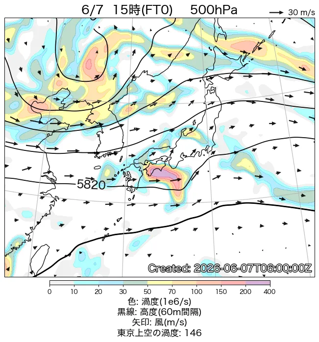 2026年6月7日の日本周辺の500hPa天気図（15時）
