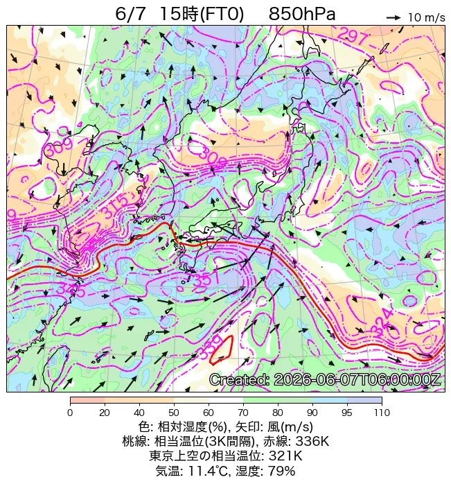 2026年6月7日の日本周辺の850hPa天気図（15時）