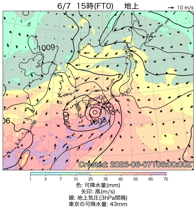 2026年6月7日の日本周辺の地上天気図（15時）