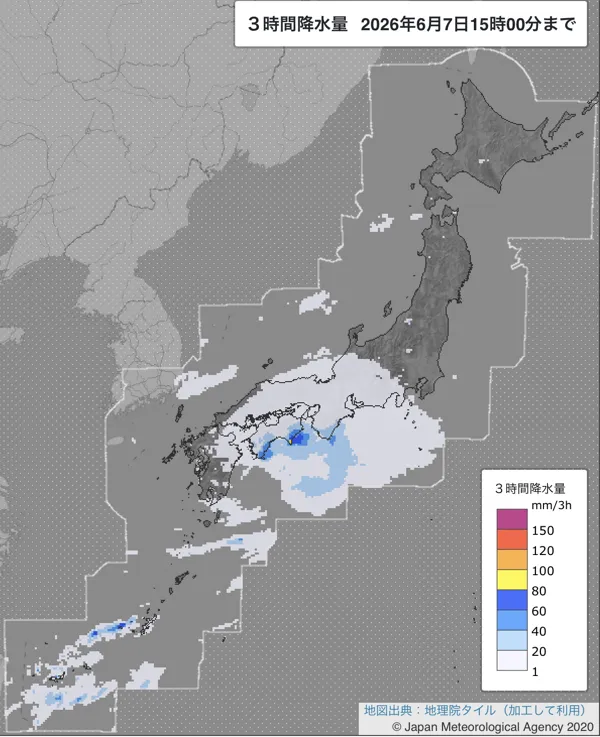 2026年6月7日12〜15時の日本周辺の3時間解析降水量
