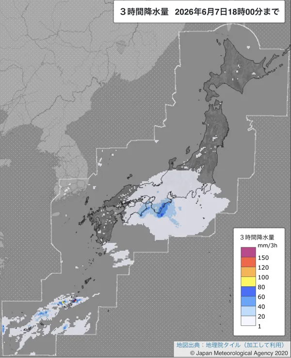 2026年6月7日15〜18時の日本周辺の3時間解析降水量