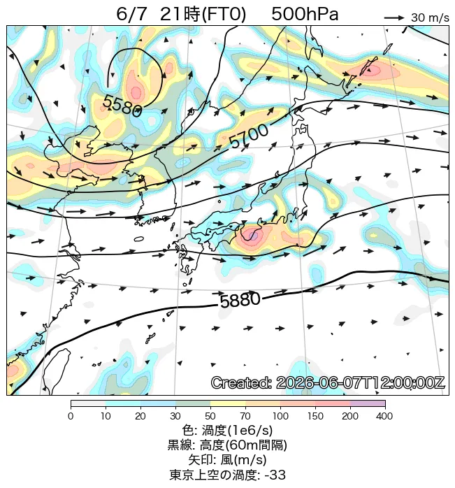 2026年6月7日の日本周辺の500hPa天気図（21時）