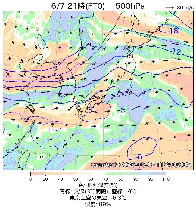 2026年6月7日の日本周辺の500hPa天気図（21時）