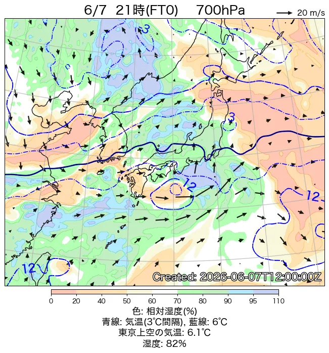 2026年6月7日の日本周辺の700hPa天気図（21時）