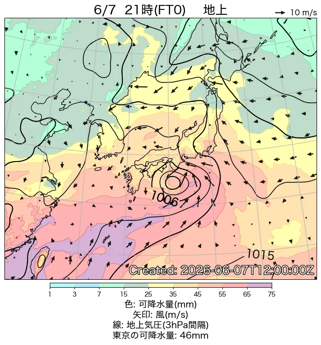 2026年6月7日の日本周辺の地上天気図（21時）