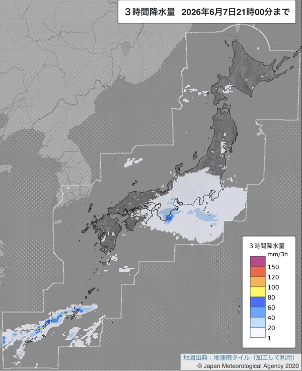 2026年6月7日18〜21時の日本周辺の3時間解析降水量
