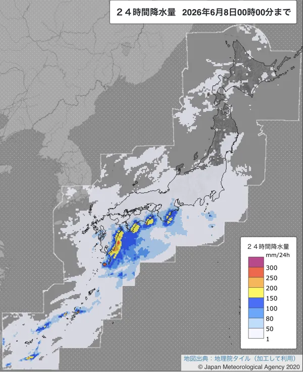 2026年6月7日の日本周辺の日解析雨量の図
