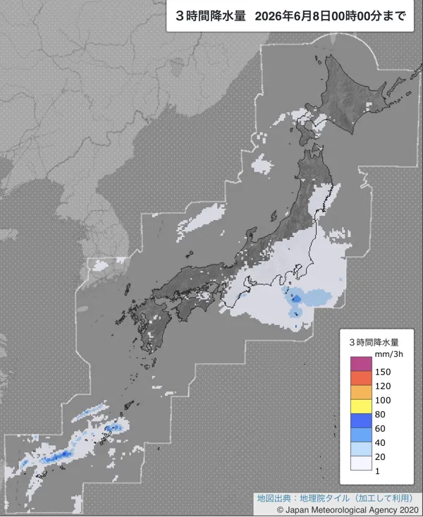 2026年6月7日21〜24時の日本周辺の3時間解析降水量