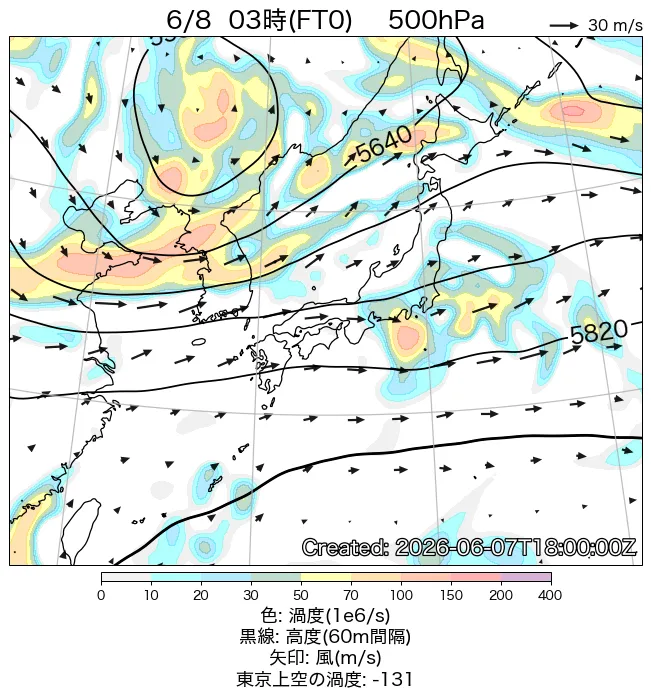 2026年6月8日の日本周辺の500hPa天気図（3時）