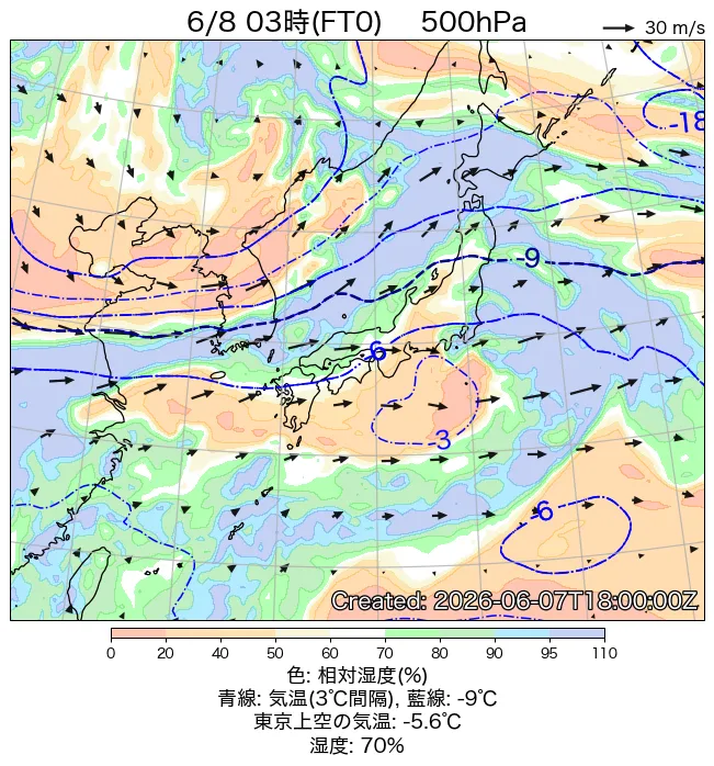 2026年6月8日の日本周辺の500hPa天気図（3時）
