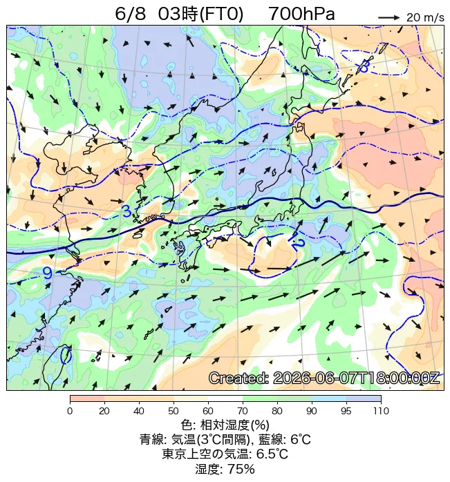 2026年6月8日の日本周辺の700hPa天気図（3時）