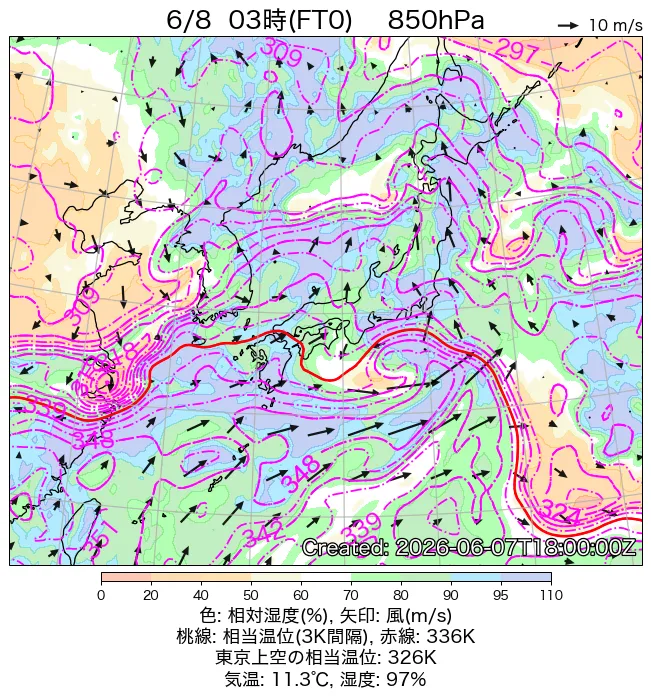 2026年6月8日の日本周辺の850hPa天気図（3時）