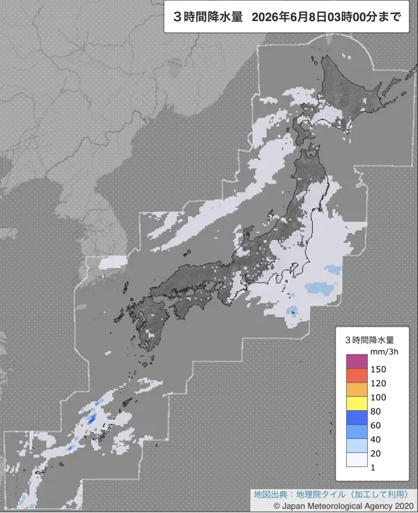 2026年6月8日0〜3時の日本周辺の3時間解析降水量