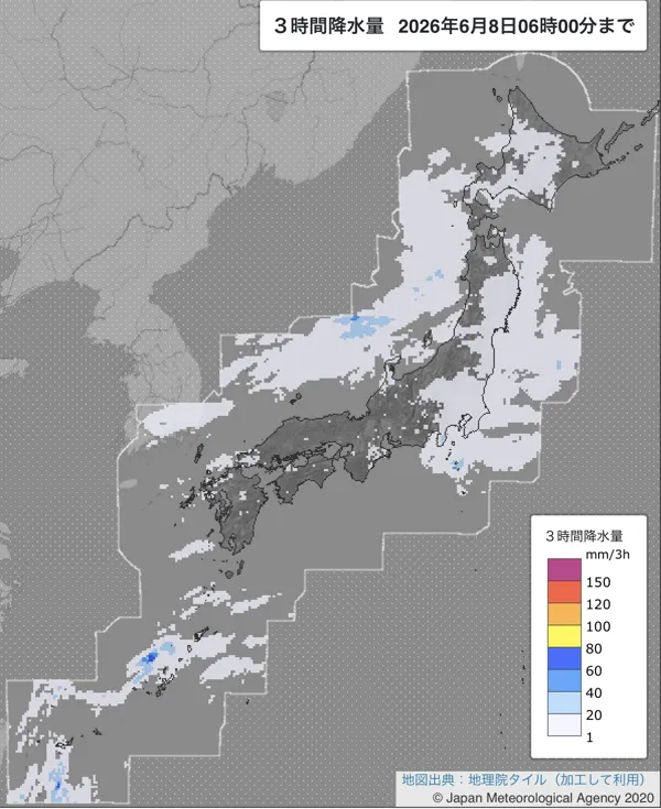2026年6月8日3〜6時の日本周辺の3時間解析降水量