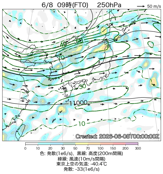 2026年6月8日の日本周辺の250hPa天気図（9時）